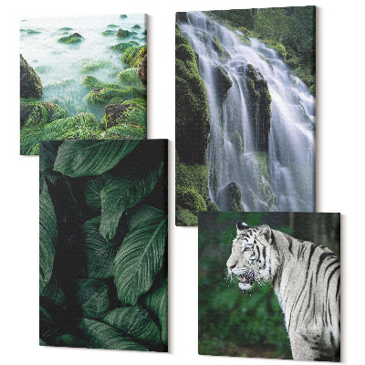 Zestaw obrazów na płótnie kwadryptyk Tygrys biały liście i wodospad w naturalnym otoczeniu