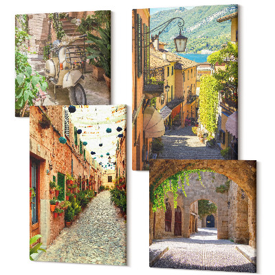 Zestaw obrazów na płótnie kwadryptyk Urokliwe uliczki z roślinnością oraz włoska pizza