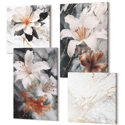 Zestaw obrazów kwadryptyk na ścianę Kwiaty na tle marmuru w odcieniach bieli i czerni