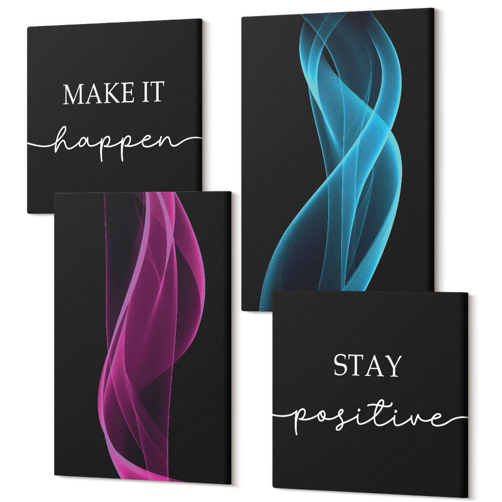 Zestaw obrazów 4 części kwadryptyk Fale kolorowych neonowych linii na ciemnym tle