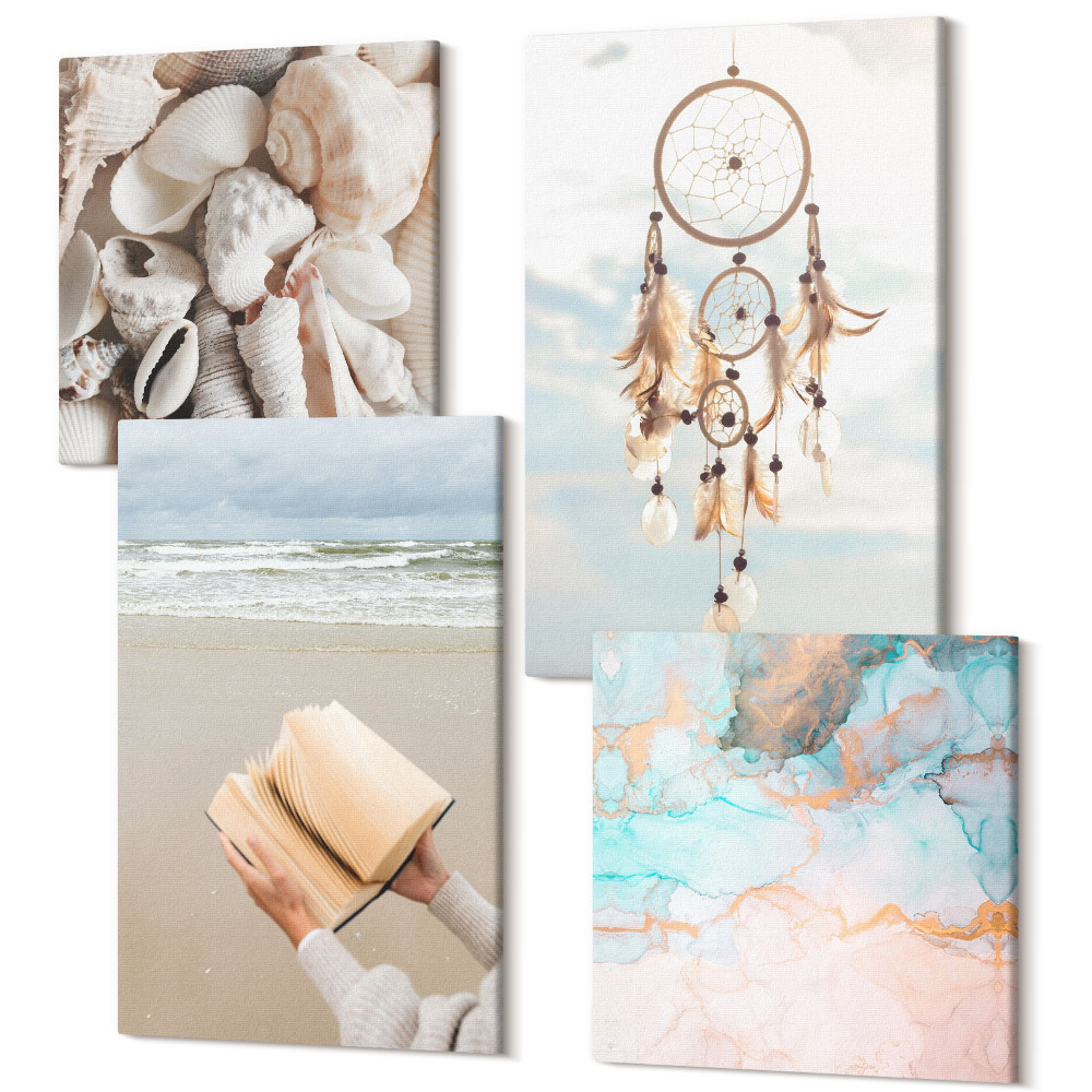 Zestaw obrazów kwadryptyk na ścianę Morze muszelki czytanie książki i łapacz snów boho
