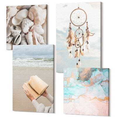 Zestaw obrazów kwadryptyk na ścianę Morze muszelki czytanie książki i łapacz snów boho