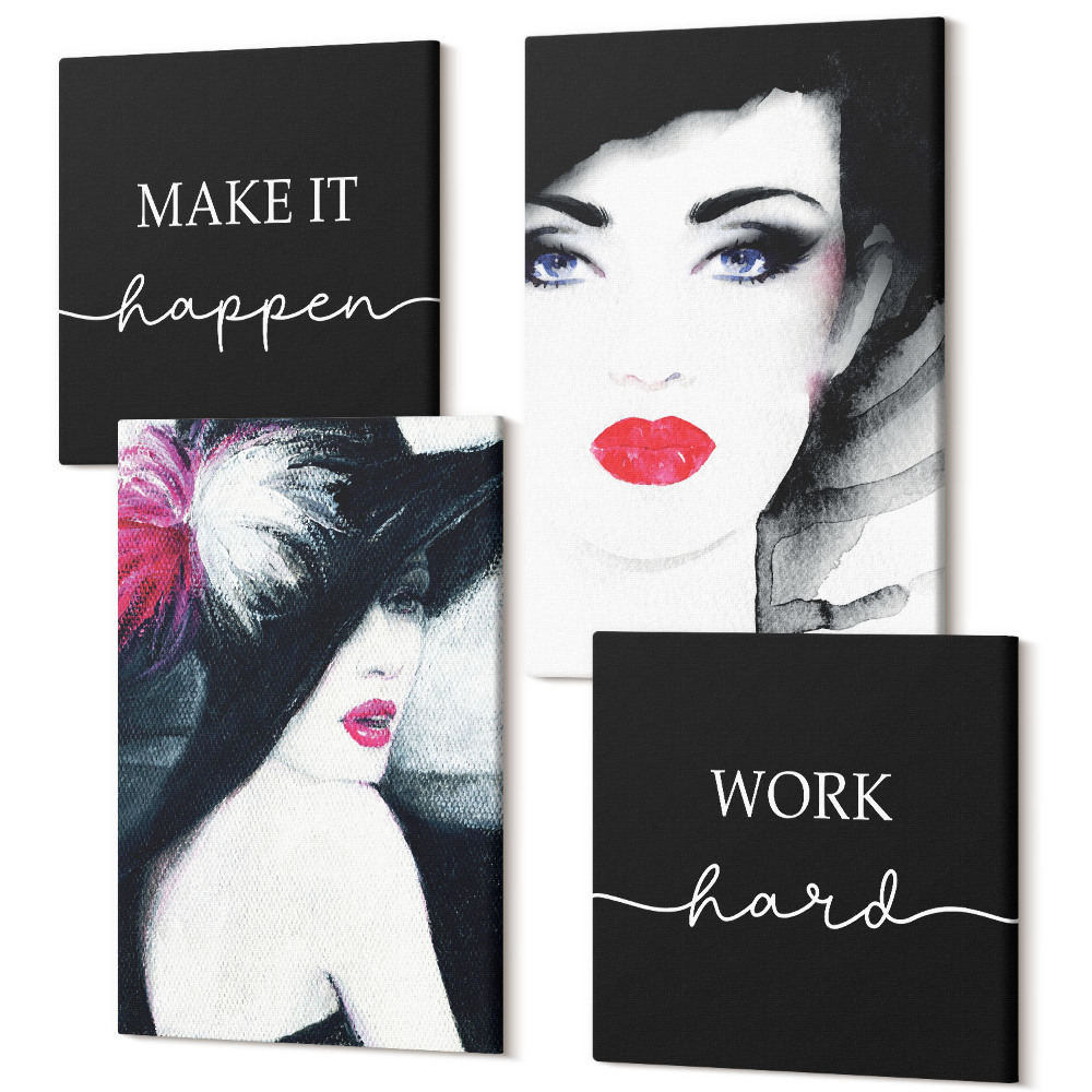 Zestaw obrazów 4 części kwadryptyk Malowane portrety kobiet z wyrazistymi ustami