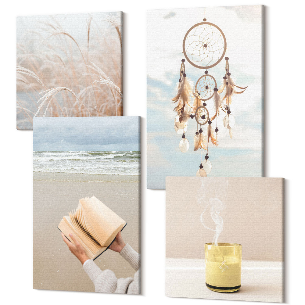 Zestaw obrazów kwadryptyk na ścianę Spokojne pejzaże delikatne letnie widoki styl boho