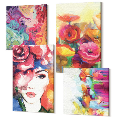 Zestaw obrazów 4 części kwadryptyk Kwiaty w intensywnych kolorach portret kobiety abstrakcja