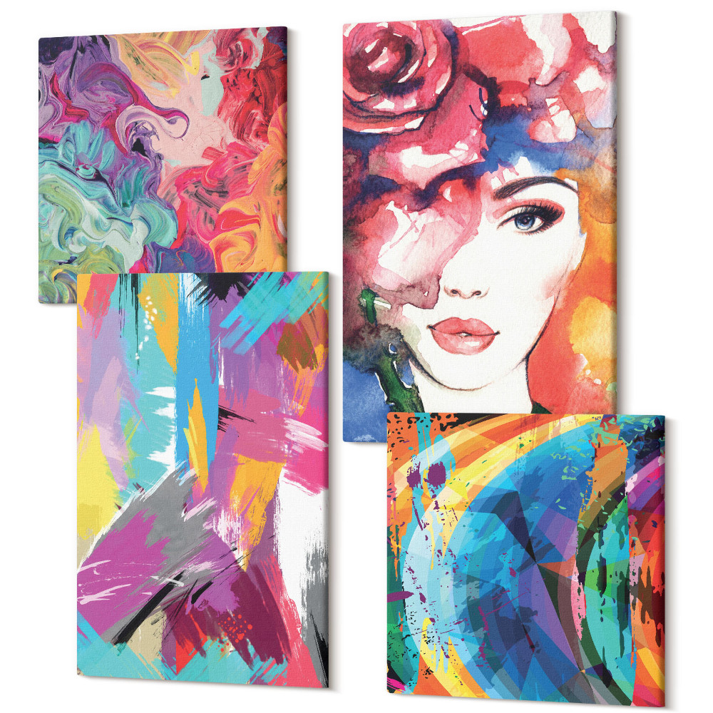 Zestaw obrazów 4 części kwadryptyk Kolorowe abstrakcje farb portret kobiety