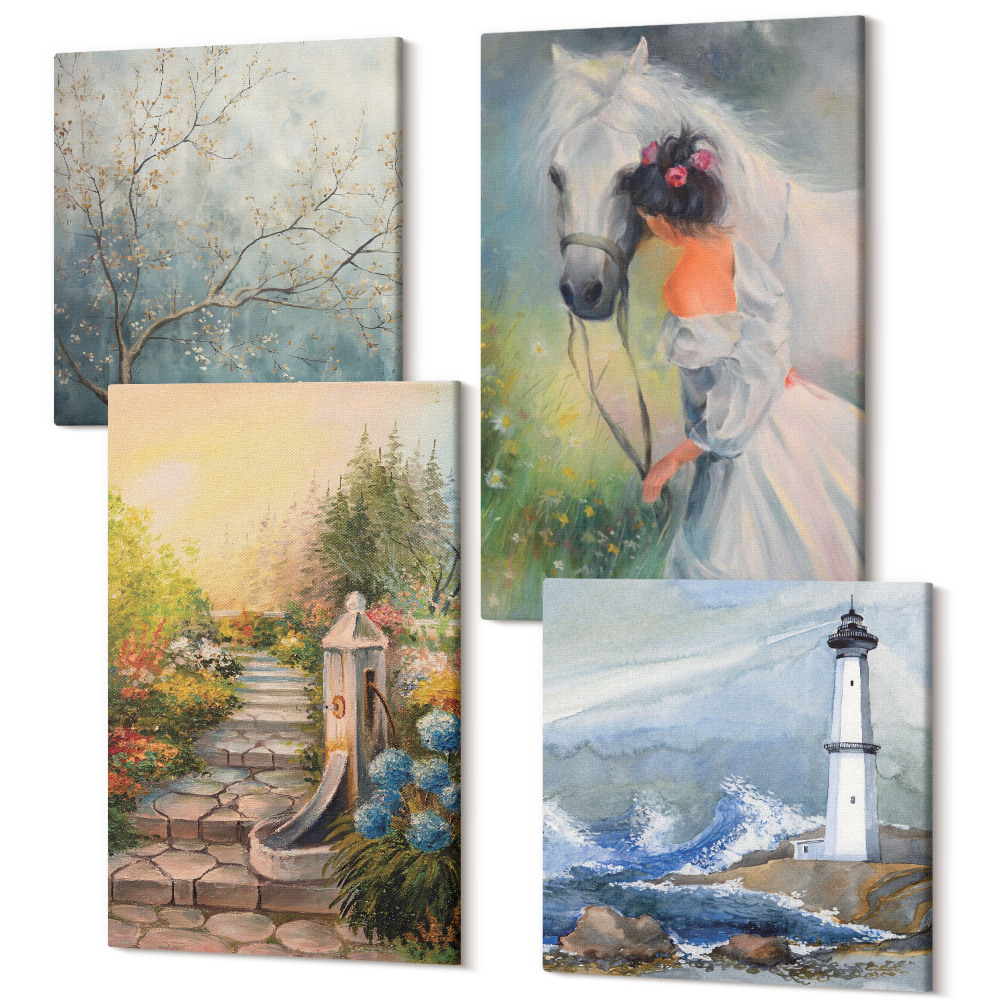 Zestaw obrazów 4 części kwadryptyk Scenerie przyrody latarnia morska i dziewczyna z koniem