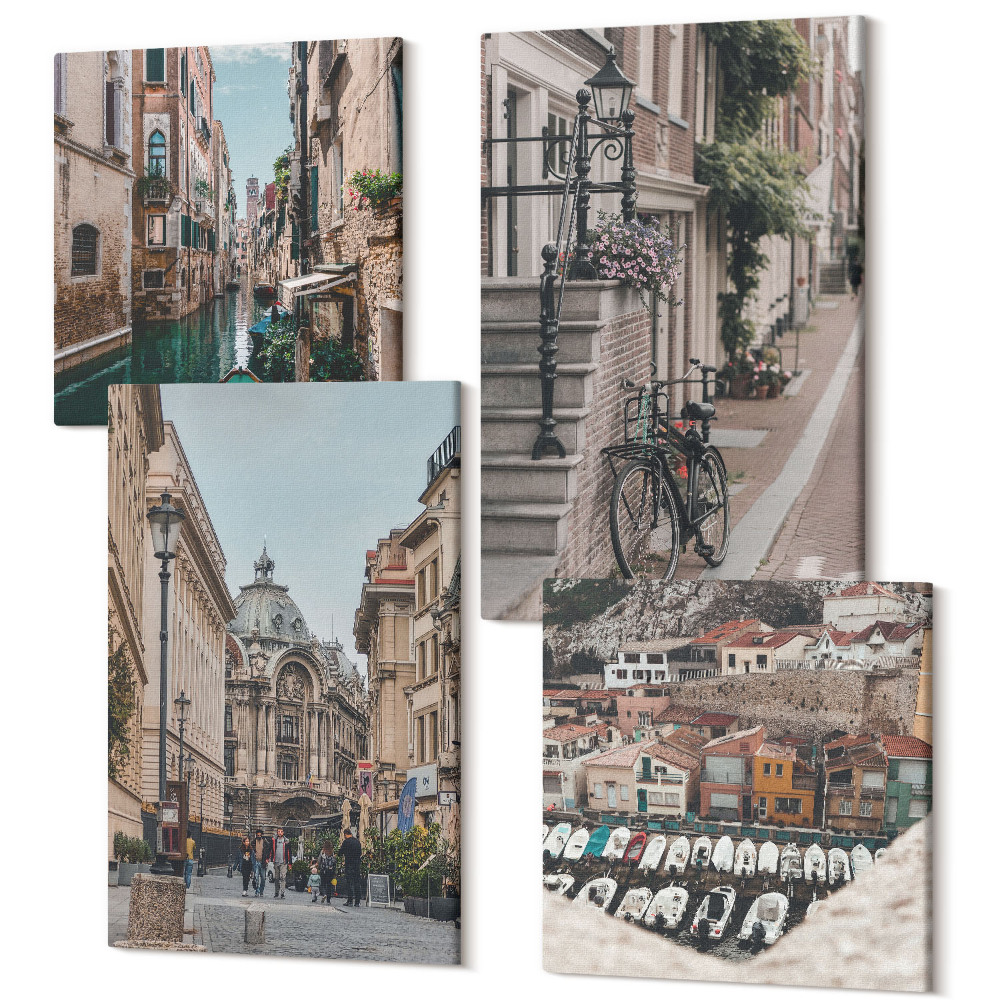 Zestaw obrazów na płótnie kwadryptyk Urokliwe uliczki miast z widokiem na porty i budynki
