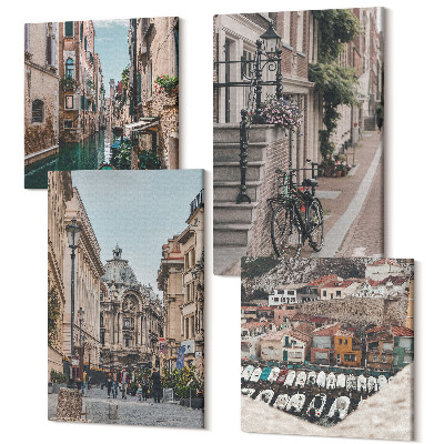 Zestaw obrazów na płótnie kwadryptyk Urokliwe uliczki miast z widokiem na porty i budynki