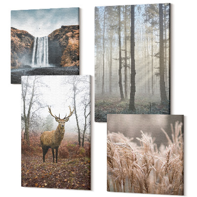 Zestaw obrazów kwadryptyk na ścianę Leśne krajobrazy dzika natura jeleń