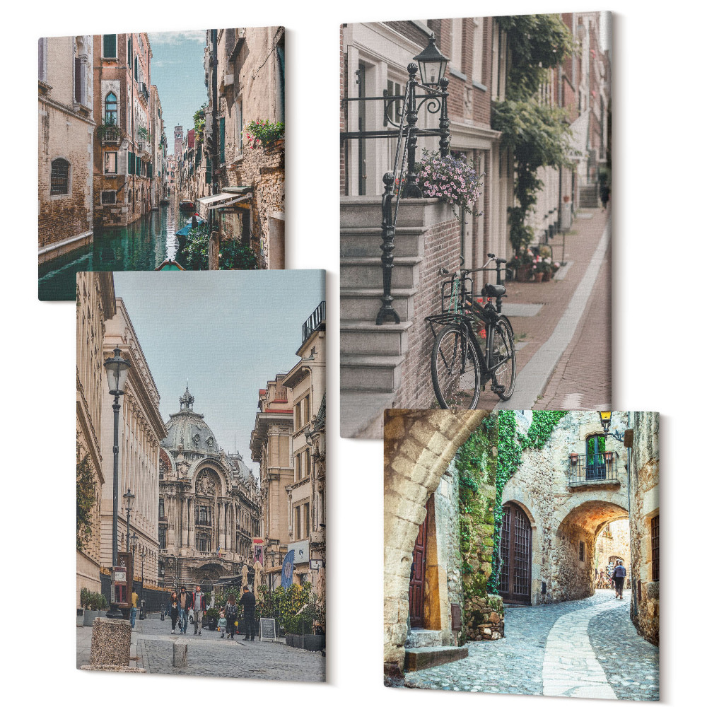 Zestaw obrazów na płótnie kwadryptyk Weneckie uliczki miast z architekturą i wodą