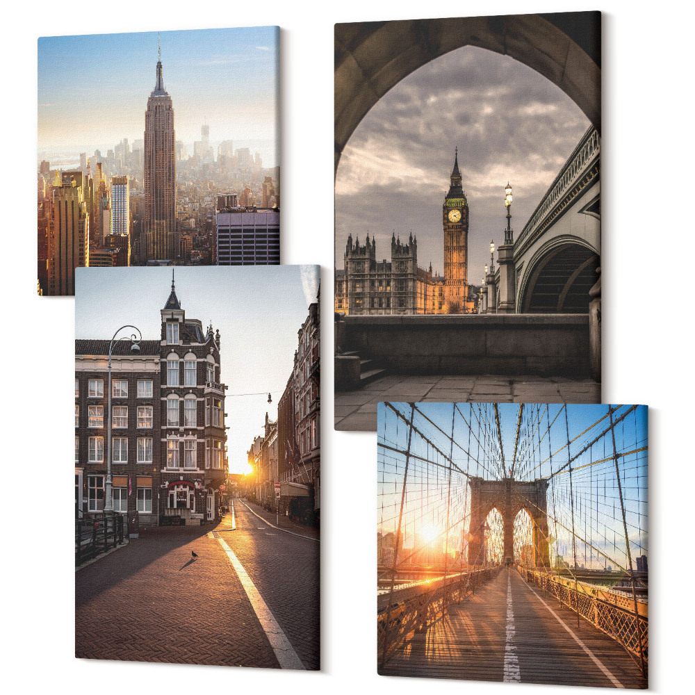 Zestaw obrazów kwadryptyk na ścianę Zestaw obrazów z miastem jedzeniem i widokiem na Londyn