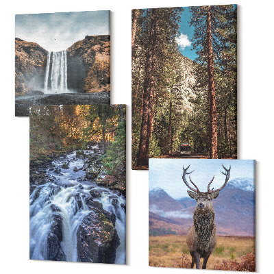 Zestaw obrazów 4 części kwadryptyk Wodospad w lesie góry i jeleń w naturze