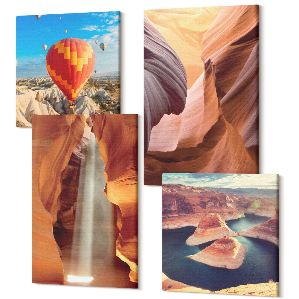 Zestaw obrazów 4 części kwadryptyk Wodospad w wąwozie formacje skalne w kanionie