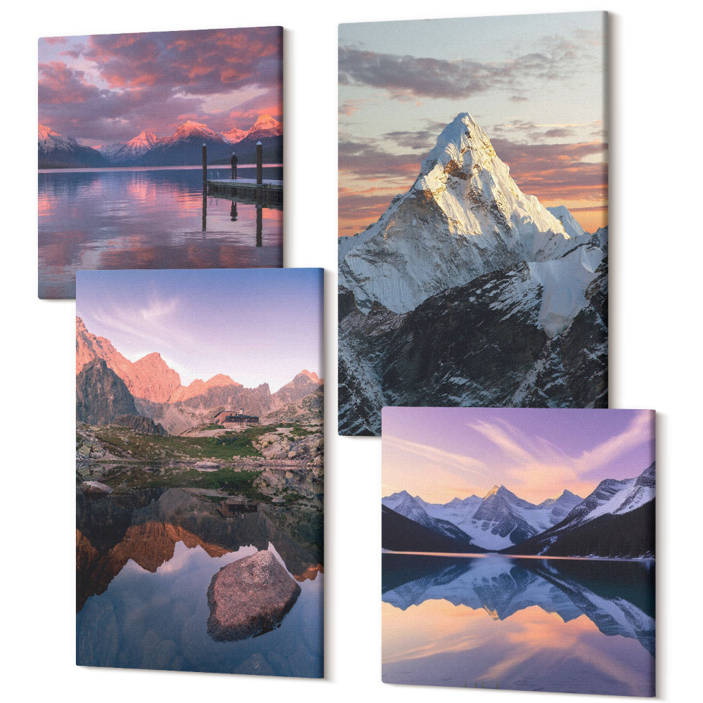 Zestaw obrazów 4 części kwadryptyk Górskie krajobrazy z wodą i skałami w tle