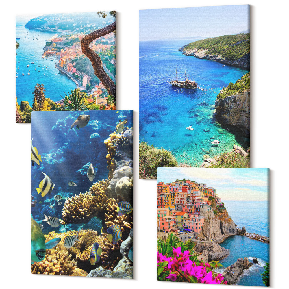 Zestaw obrazów na płótnie kwadryptyk Widoki nadmorskie z kolorowymi domami i rafą koralową
