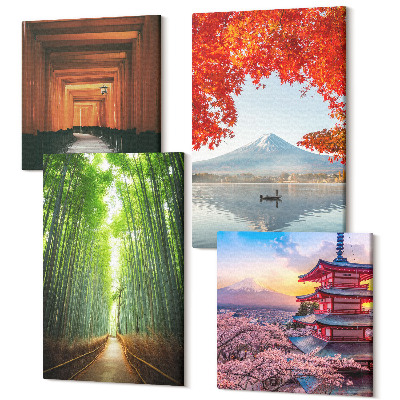 Zestaw obrazów kwadryptyk na ścianę Las bambusowy góra Fuji ścieżka torii architektura Japonii