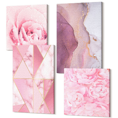 Zestaw obrazów 4 części kwadryptyk Różowe kwiaty piwonie geometryczne wzory