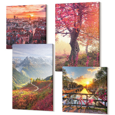 Zestaw obrazów kwadryptyk na ścianę Krajobrazy górskie z rowerem i jesiennym drzewem