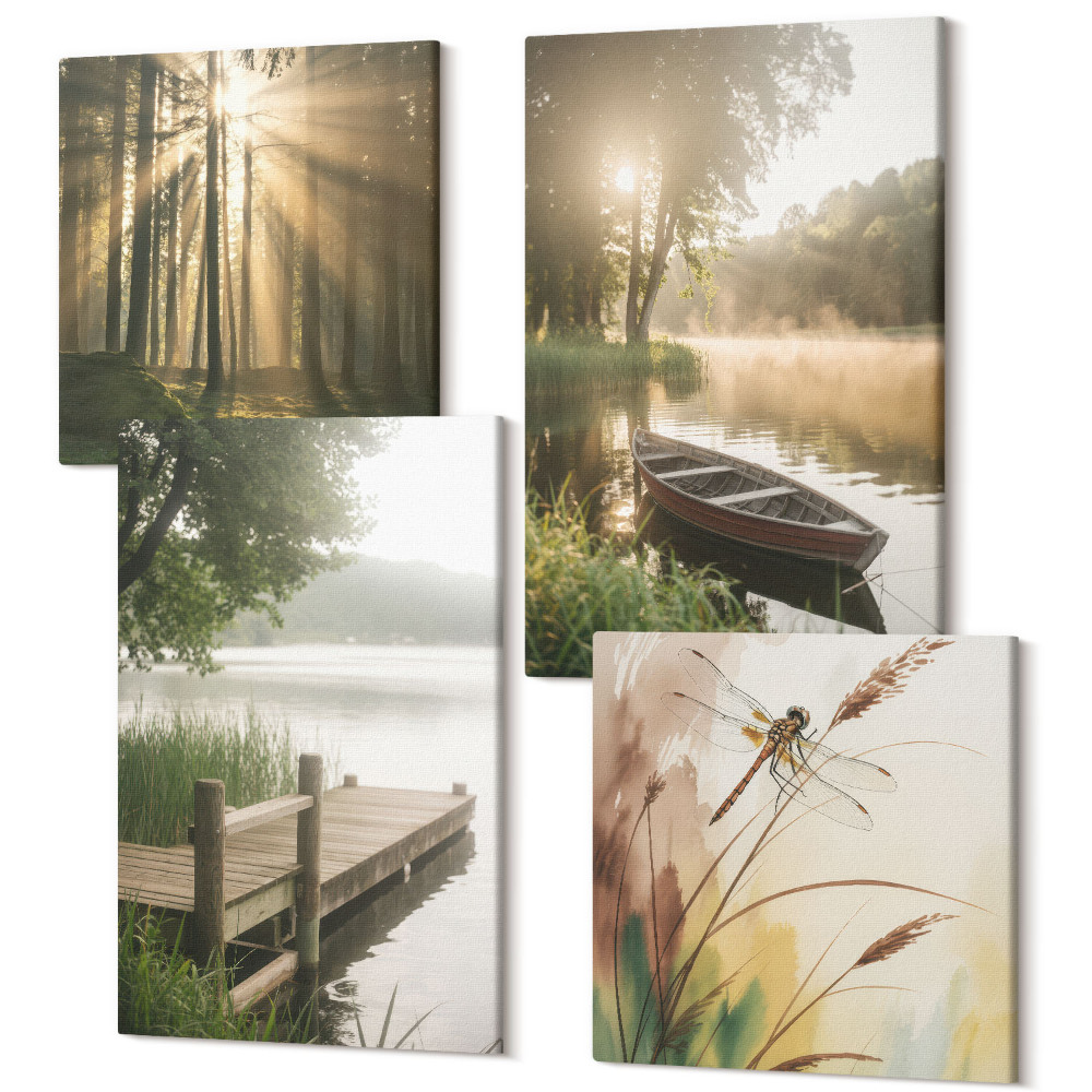 Zestaw obrazów na płótnie kwadryptyk Spokojne jezioro las i łódka w porannej mgle