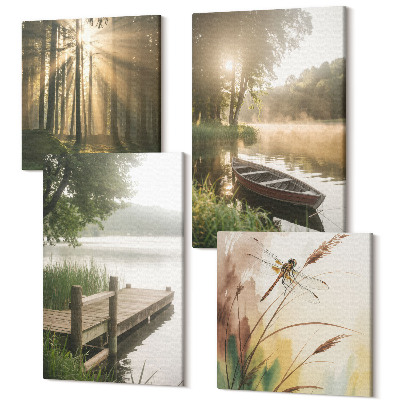 Zestaw obrazów na płótnie kwadryptyk Spokojne jezioro las i łódka w porannej mgle