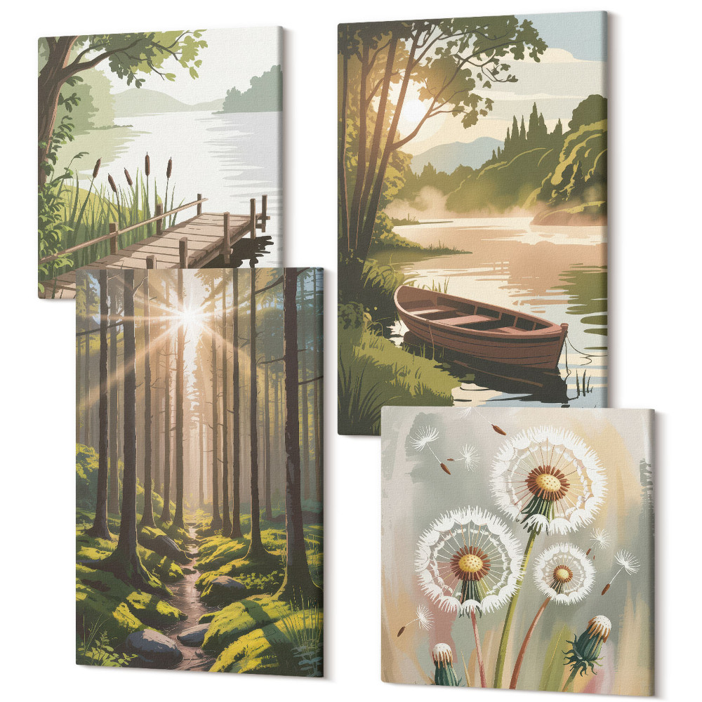 Zestaw obrazów kwadryptyk na ścianę Spokojne krajobrazy lasu i jeziora z łódką