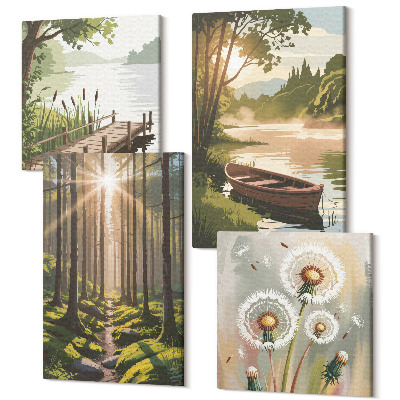 Zestaw obrazów kwadryptyk na ścianę Spokojne krajobrazy lasu i jeziora z łódką