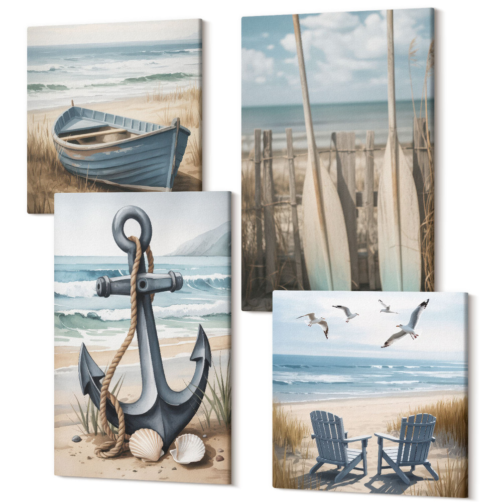 Zestaw obrazów 4 części kwadryptyk Kotwica łódka i wiosła na plaży z morzem