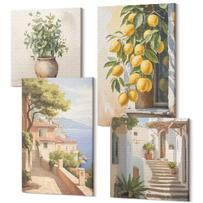 Zestaw obrazów kwadryptyk na ścianę Kwiaty w wazonie widok na morze i cytryny