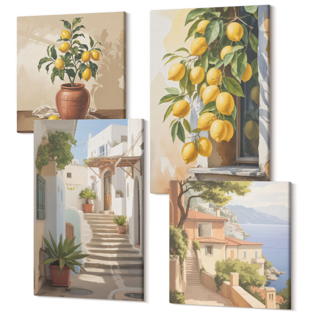 Zestaw obrazów 4 części kwadryptyk Urokliwe uliczki z cytrynami i widokiem na morze