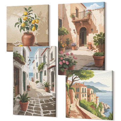 Zestaw obrazów kwadryptyk na ścianę Malownicze uliczki z domami i roślinami w donicach