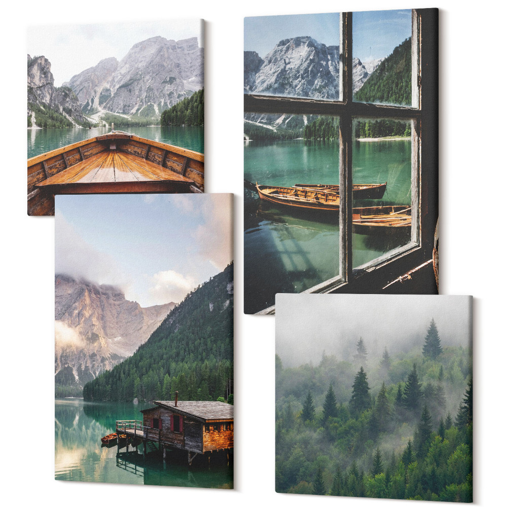 Zestaw obrazów 4 części kwadryptyk Górskie jezioro z łodzią i drewnianymi domkami