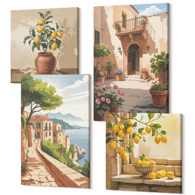 Zestaw obrazów na płótnie kwadryptyk Owoce cytrusowe w kuchni widok na morze i urokliwe miasteczko