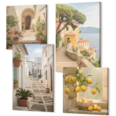 Zestaw obrazów kwadryptyk na ścianę Drzewo cytrusowe widok z okna i architektura nadmorska