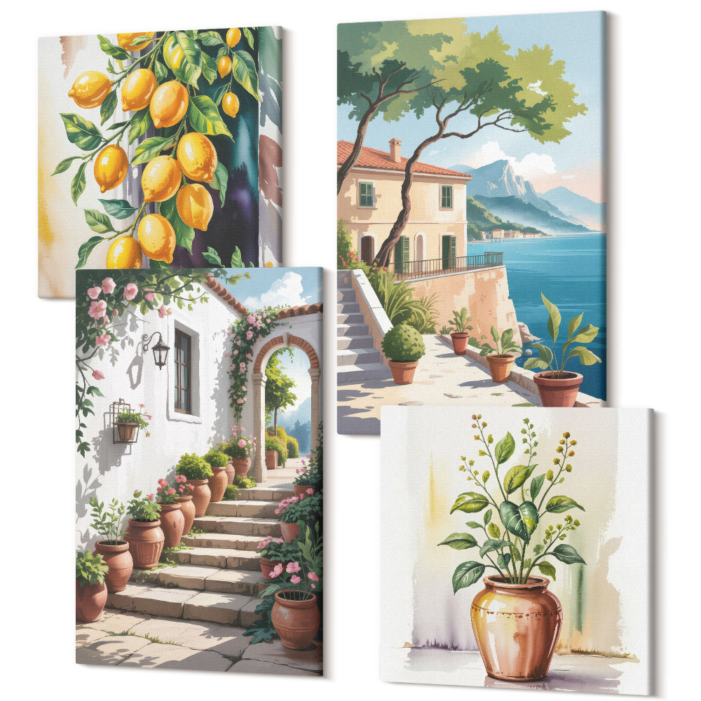 Zestaw obrazów 4 części kwadryptyk Cytryny na tle kwiatów i widoki nadmorskie