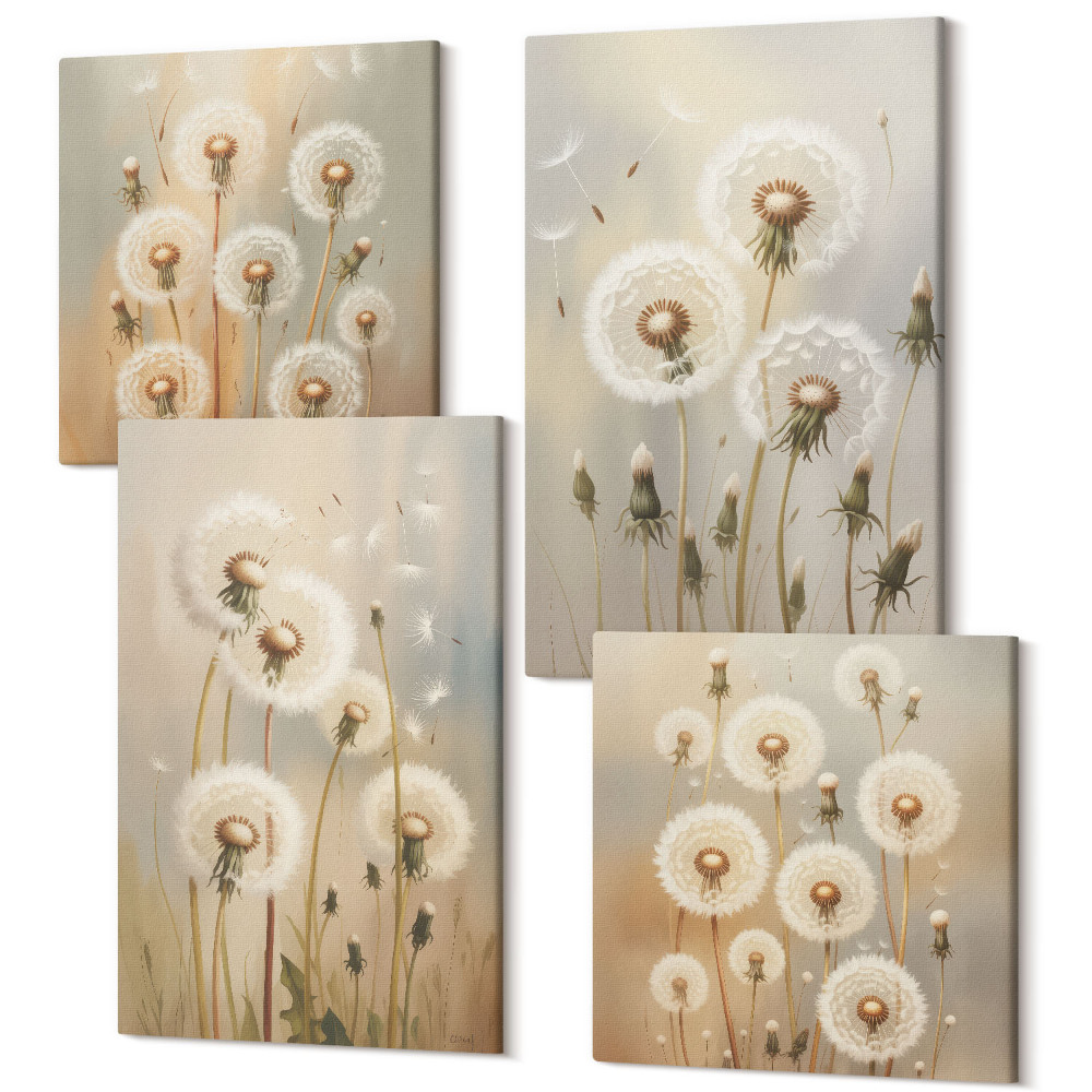Zestaw obrazów na płótnie kwadryptyk Białe dmuchawce na tle jasnych kolorów