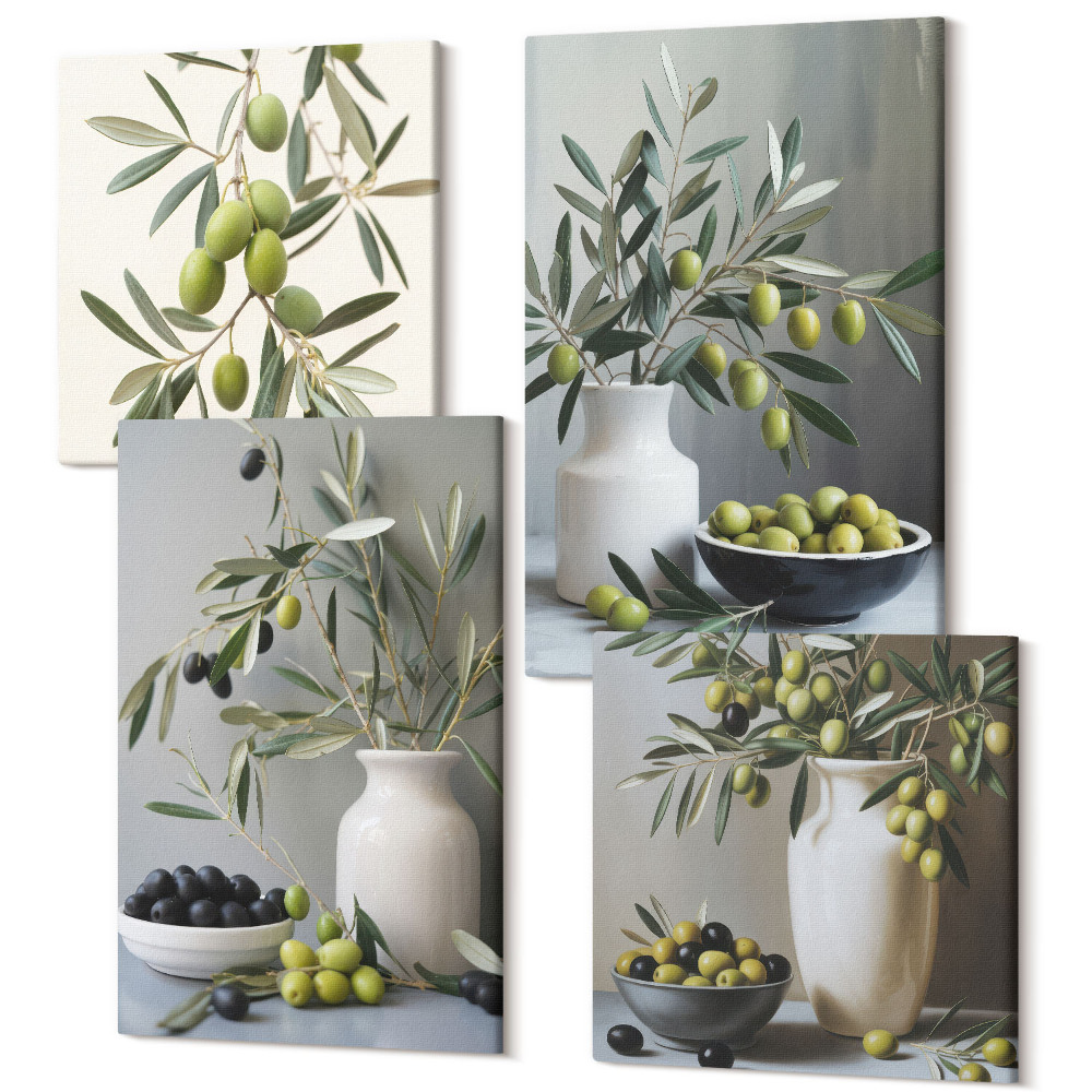 Zestaw obrazów kwadryptyk na ścianę Oliwki w wazonach z gałązkami na tle szarości