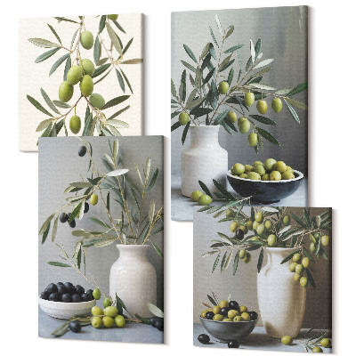 Zestaw obrazów kwadryptyk na ścianę Oliwki w wazonach z gałązkami na tle szarości