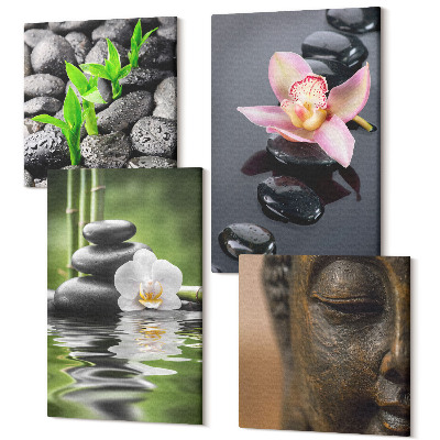 Zestaw obrazów kwadryptyk na ścianę Spokojna kompozycja zen kamienie z kwiatami Budda