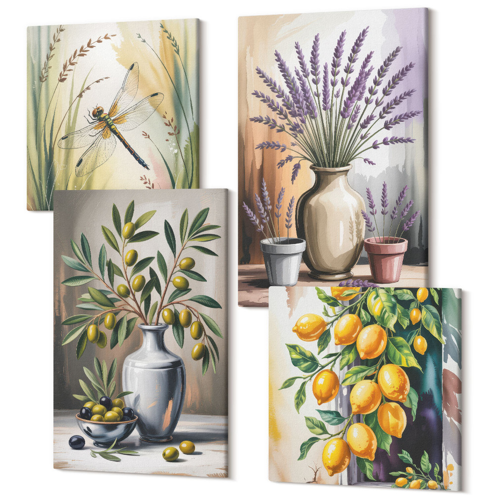 Zestaw obrazów na płótnie kwadryptyk Kwiaty i oliwki w wazonach cytryny natura