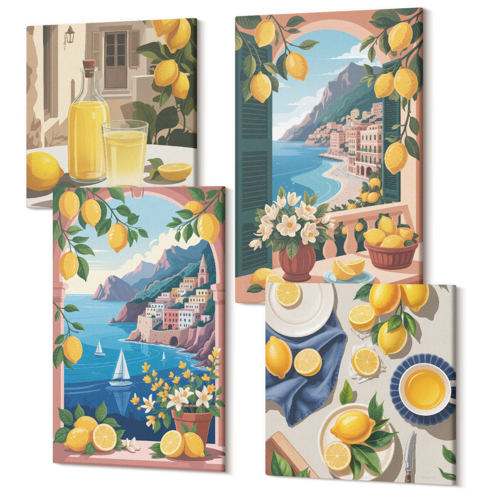Zestaw obrazów kwadryptyk na ścianę Widok na morze okna z włoskimi cytrynami