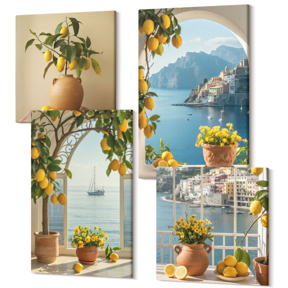Zestaw obrazów na płótnie kwadryptyk Morze miasteczko cytryny i kwiaty w doniczkach