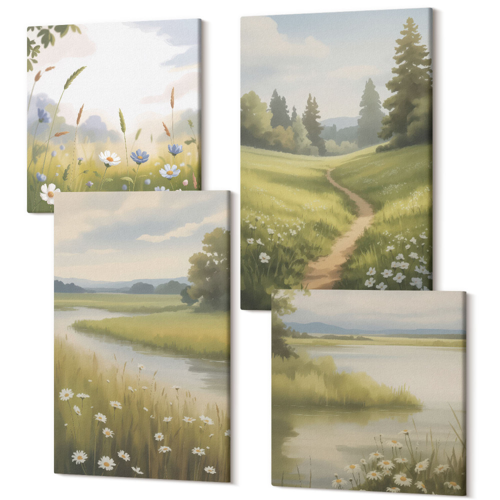 Zestaw obrazów kwadryptyk na ścianę Wiosenny krajobraz z rzeką ścieżką i łąką kwiatów