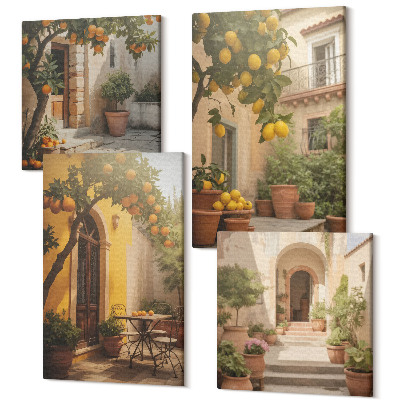 Zestaw obrazów na płótnie kwadryptyk Słoneczne patio z drzewami cytrusowymi i doniczkami