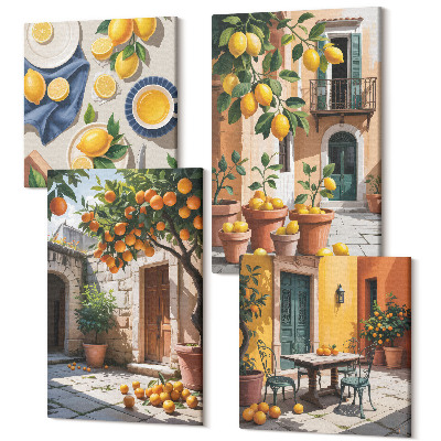 Zestaw obrazów 4 części kwadryptyk Owoce cytrusowe w słonecznej scenerii ogrodowej