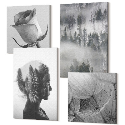 Zestaw obrazów na płótnie kwadryptyk Melancholijny las we mgle portret kobiety rośliny
