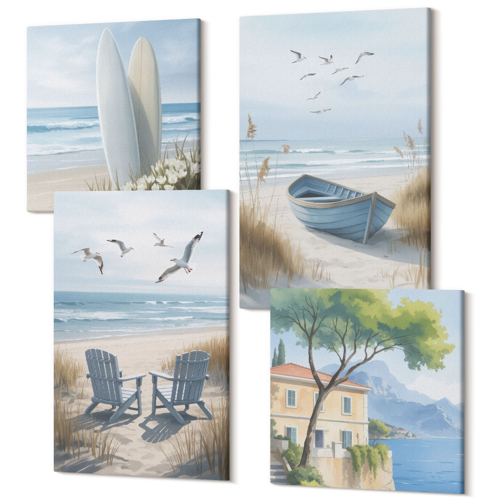 Zestaw obrazów kwadryptyk na ścianę Plaża z deskami surfingowymi łodzią i ptakami