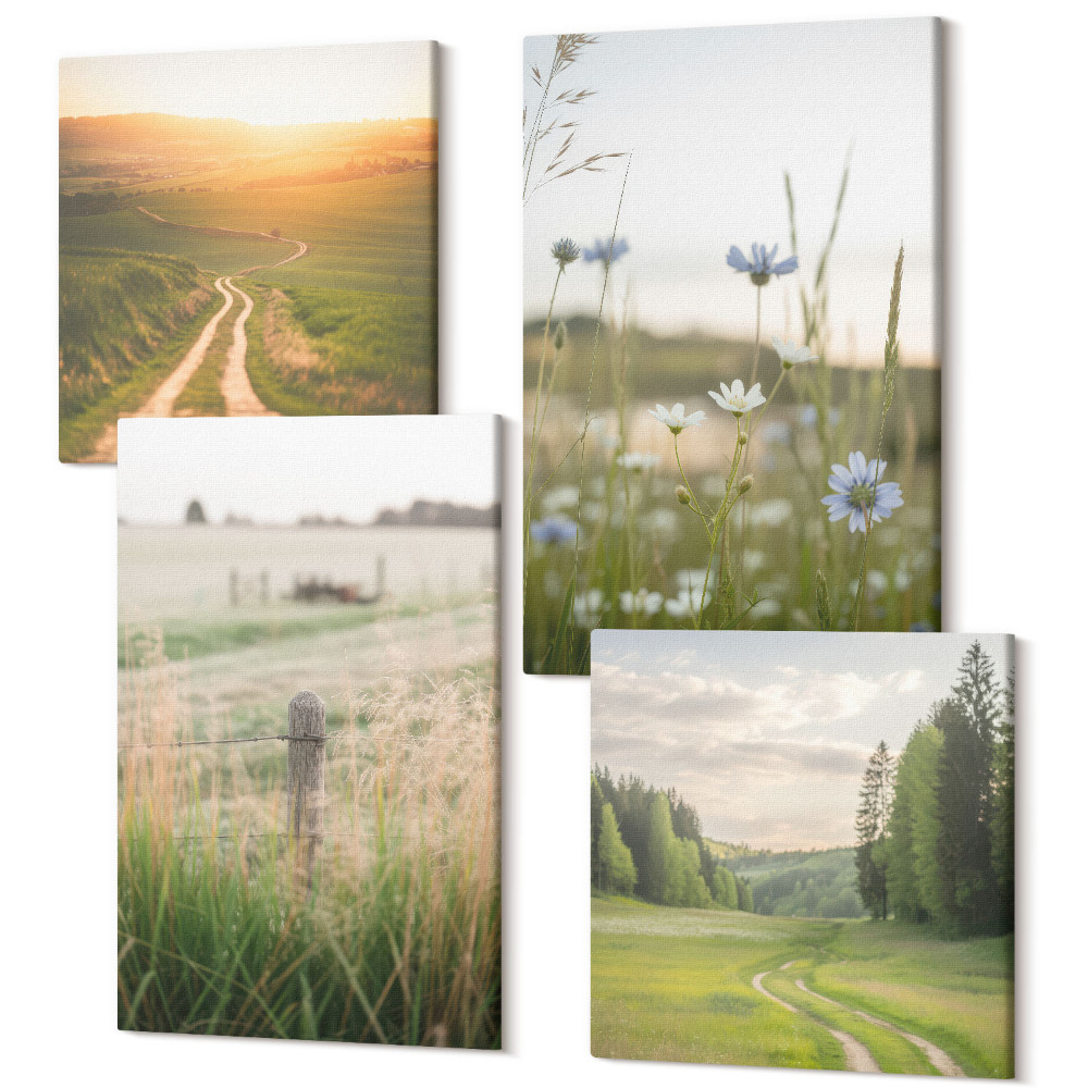 Zestaw obrazów 4 części kwadryptyk Krajobrazy natury z polami i ścieżką w słońcu