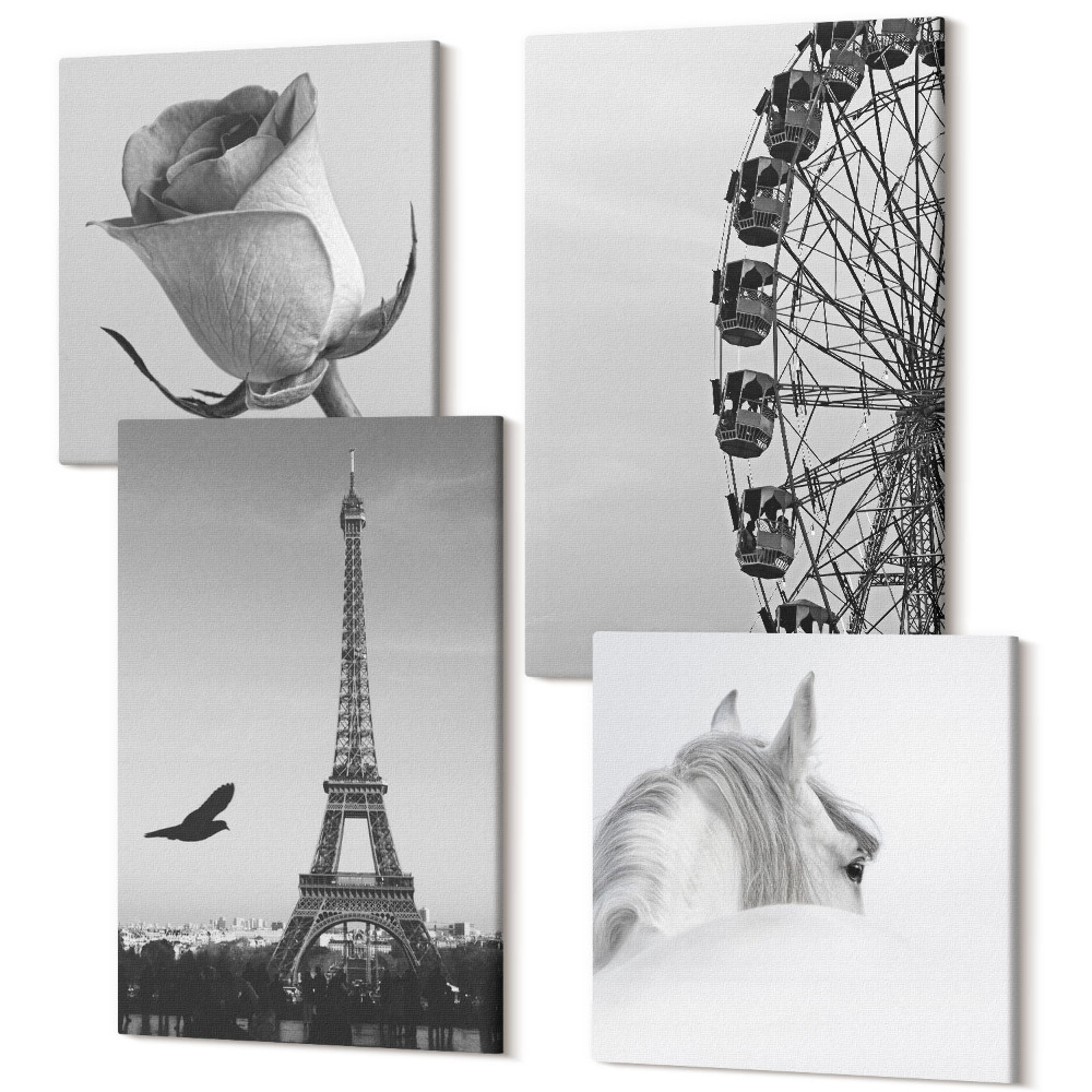 Zestaw obrazów 4 części kwadryptyk Róża wieża Eiffla koń diabelski młyn w monochromie