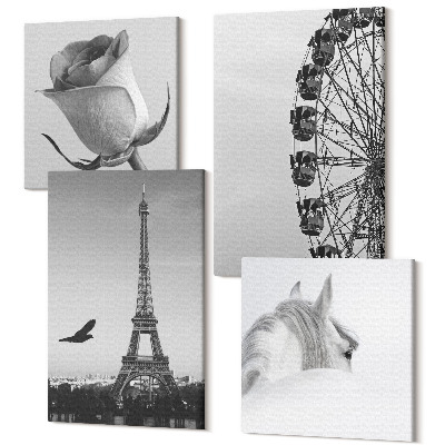 Zestaw obrazów 4 części kwadryptyk Róża wieża Eiffla koń diabelski młyn w monochromie